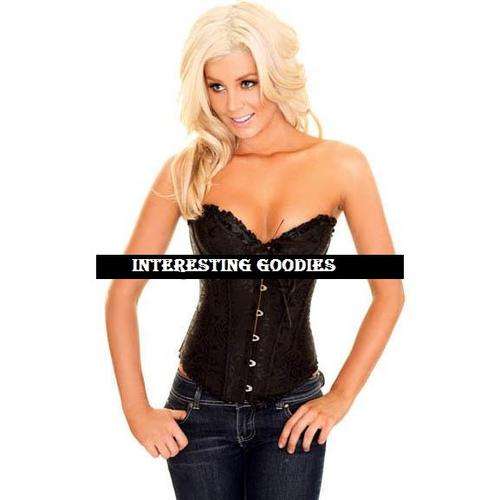 SALE - FREE SHIPPING (2XL) Stunning Satin Black Floral Corset & matching thong (Large sizes)