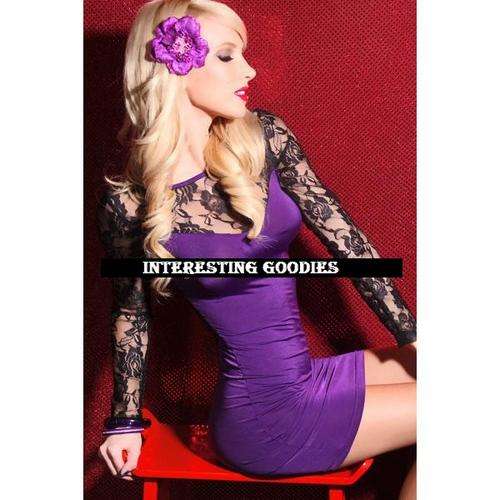 1 available immediately !!! Hot Club Mini Dress - Purple with black Lace sleeves - One Size (2piece)
