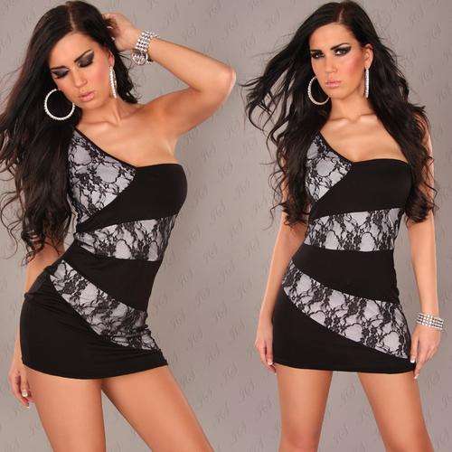 HOT BLACK Club Mini Dress / Top with Black lace on white - One Size