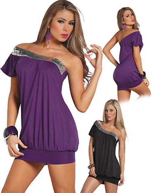 Sexy Black Mini  Dress /Top with Sequin trim - SIZE 30 - 32