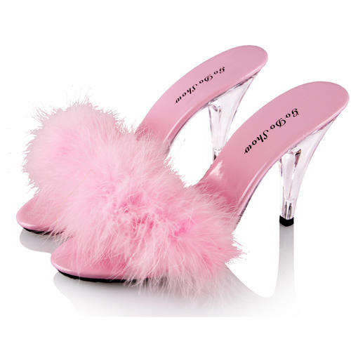 PINK FLUFFY SLIPPER MULES WITH CLEAR HEEL  - VARIOUS SIZES
