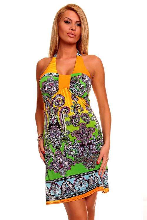 BARGAIN !! Yellow and Green Indian Print Halterneck Mini Dress - size 30-32