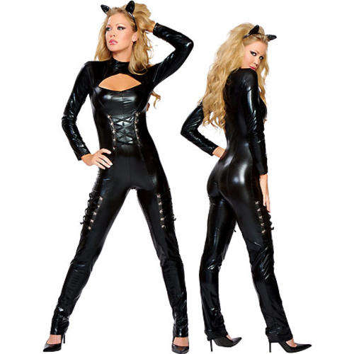 BLACK PVC Leather style Feline Suit - S/M/L/XL/XXL