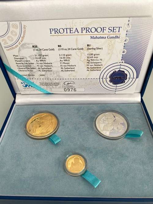 2008 South Africa Mahatma Gandhi SET 1oz Gold !oz Silver 1 1/10th Gold