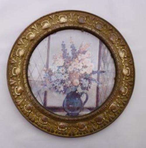 Vintage Brass Framed Flowers on Silk made in England