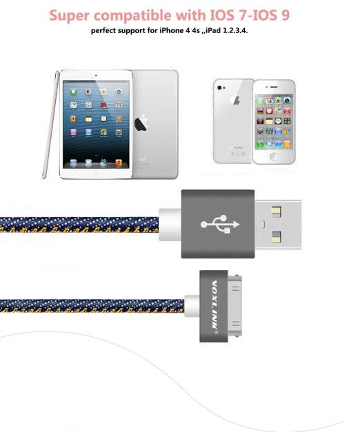 FANTASTIC PRICE!!VOXLINK Denim 30Pin USB Cable2M Data Transmission Charger cable Apple4 4siPad2 3 4
