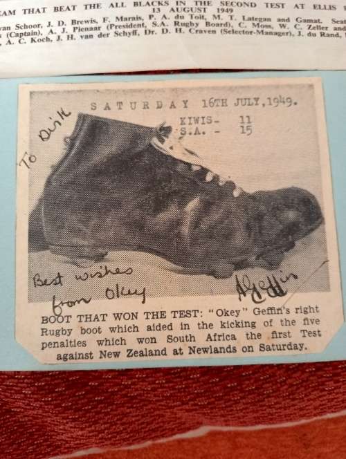 Okey Geffin,original autograph,with photo of boot that won match agains All Blacks