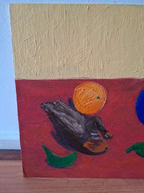 Mary Papas,duck and oranges,oil painting