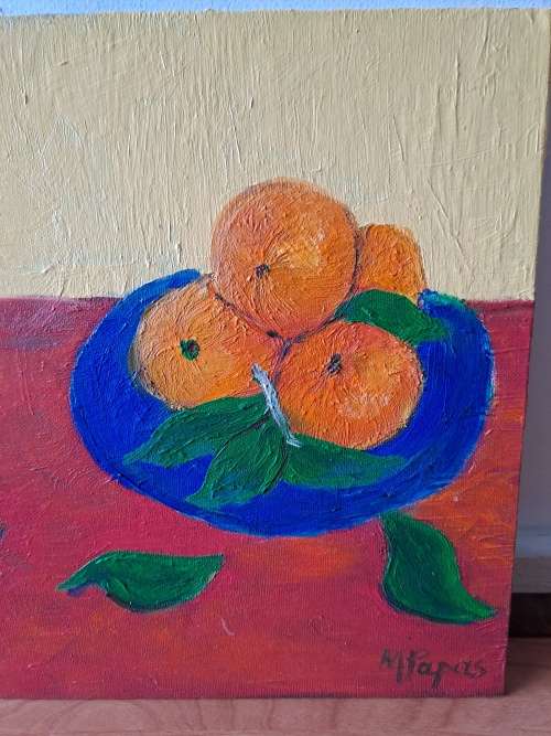 Mary Papas,duck and oranges,oil painting