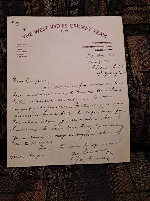 1939 W I cricket tour to England Manager John Kidney letter with autograph