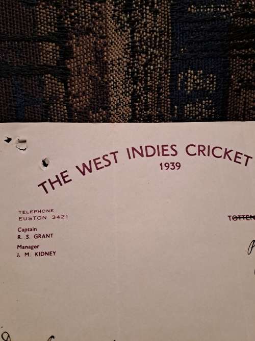 1939 W I cricket tour to England Manager John Kidney letter with autograph