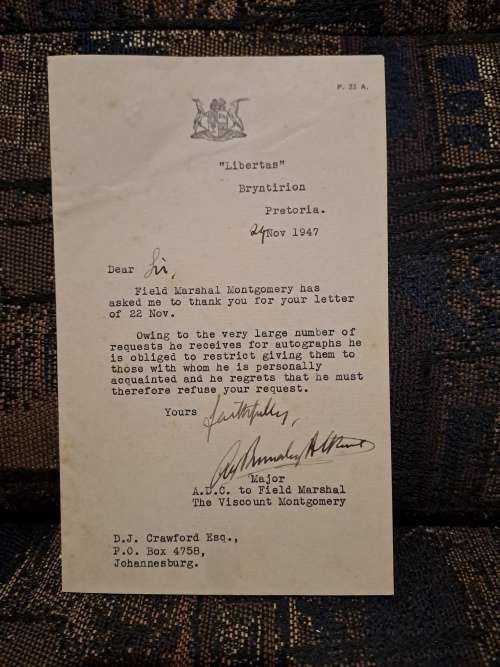 Signed typed letter from Aide de Camp of Field Marshall Montgomery