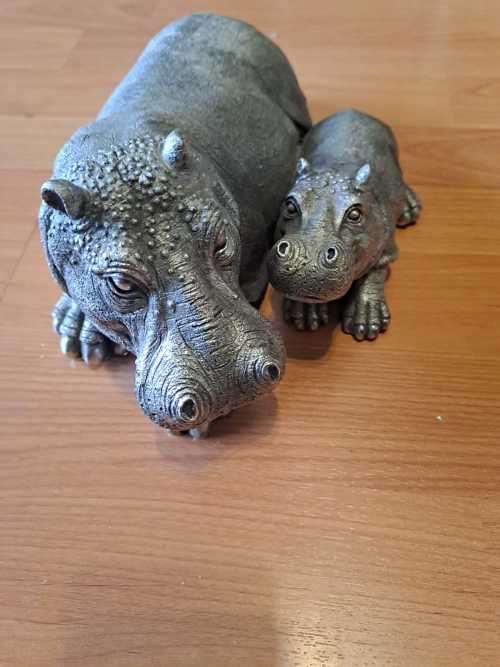 Hippo and Calf, Silver colored, Glassfibre