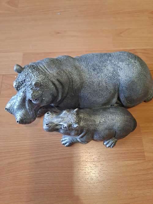 Hippo and Calf, Silver colored, Glassfibre