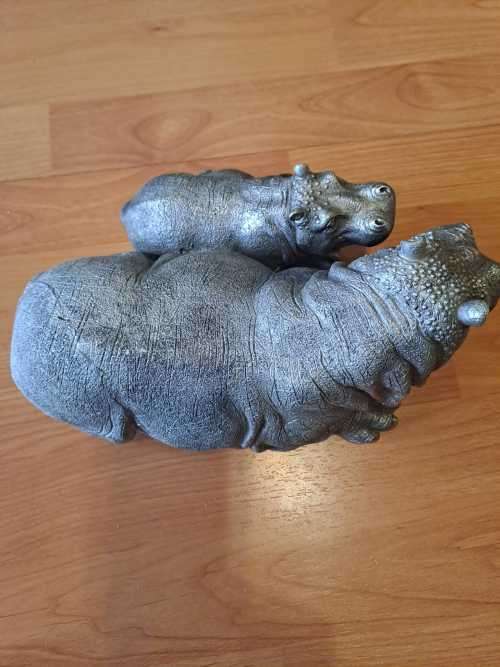Hippo and Calf, Silver colored, Glassfibre