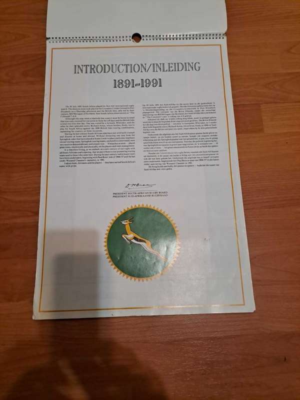 Springbok Rugby Commerative Calender 1891 to 1991