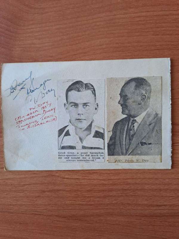 Geoff Gray (Springbok no 215) and Percy W Day(Manager of Springbok Team in 1937) original autographs