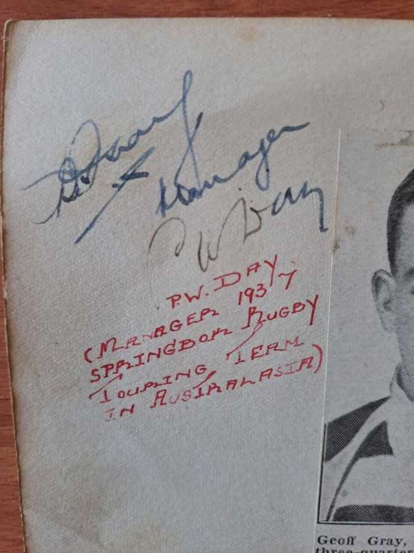 Geoff Gray (Springbok no 215) and Percy W Day(Manager of Springbok Team in 1937) original autographs