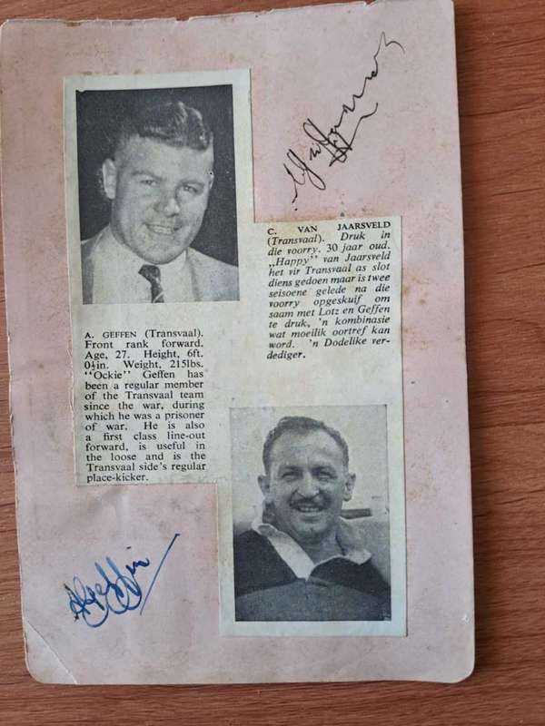 1949 Springbok front row, all 3 original signatures, Okey Geffin, Happy van Jaarsveld, RP Jordaan