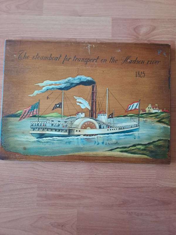 R Simonetto painting on wood, Steamboat for transport on Hudson River, 1845