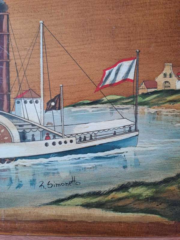 R Simonetto painting on wood, Steamboat for transport on Hudson River, 1845
