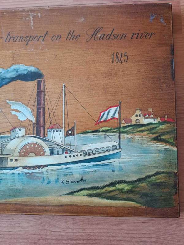 R Simonetto painting on wood, Steamboat for transport on Hudson River, 1845