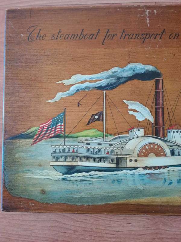 R Simonetto painting on wood, Steamboat for transport on Hudson River, 1845