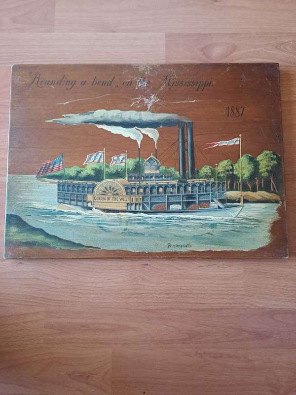 R Simonetto, painting on wood, Rounding a bend in Mississippi, 1887