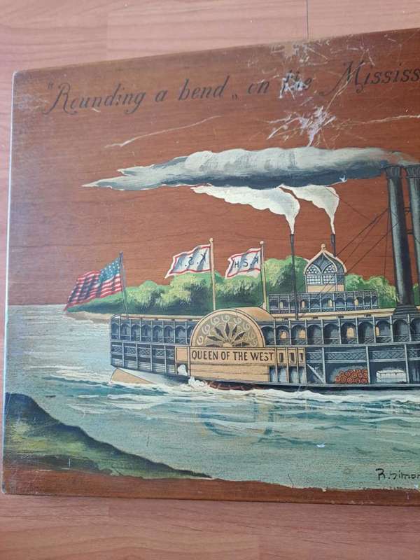 R Simonetto, painting on wood, Rounding a bend in Mississippi, 1887