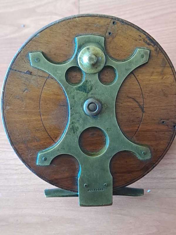 Early Milwards Overseas Wood/Brass Frog Back 6 Inch Big Game Reel Circa 1920