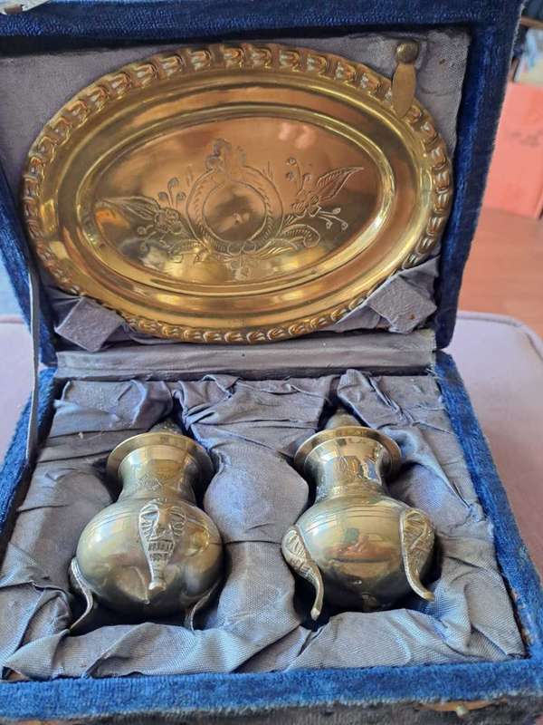 Vintage Old Antique Brass decorative presenting box salt and pepper pots pair tray