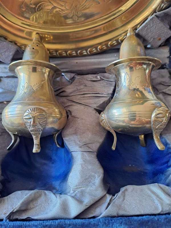 Vintage Old Antique Brass decorative presenting box salt and pepper pots pair tray