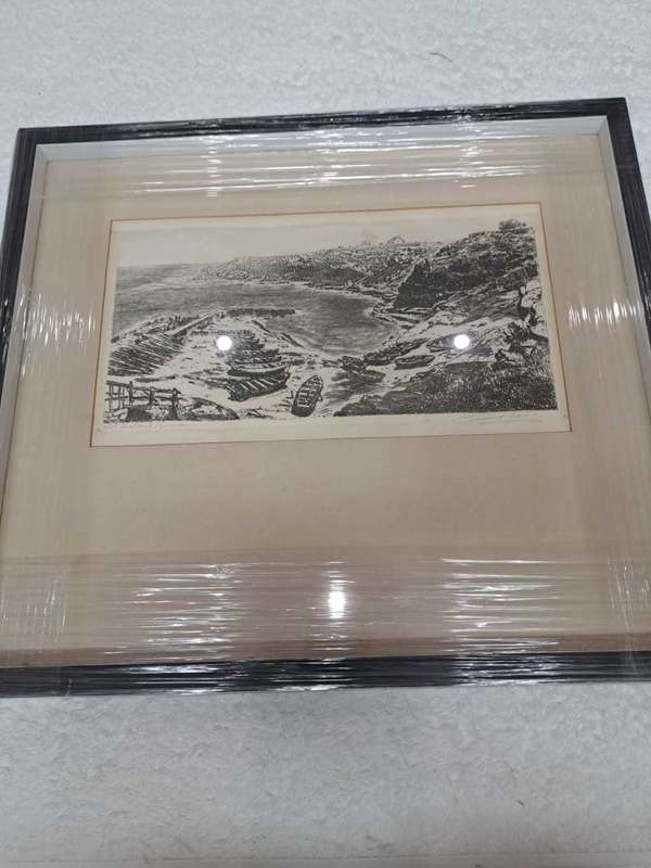 Original, watermark, signed Tinus de Jongh Lino, Old Harbour, Hermanus
