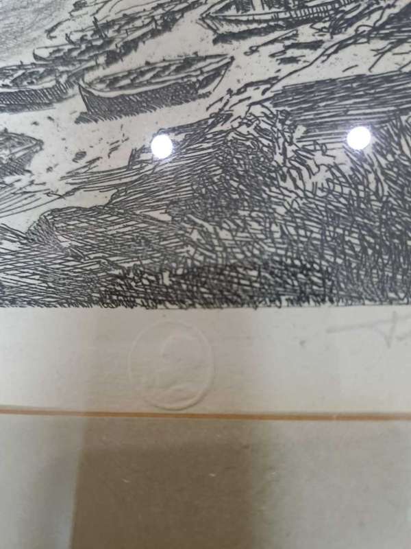 Original, watermark, signed Tinus de Jongh Lino, Old Harbour, Hermanus