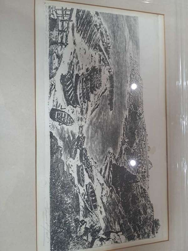 Original, watermark, signed Tinus de Jongh Lino, Old Harbour, Hermanus