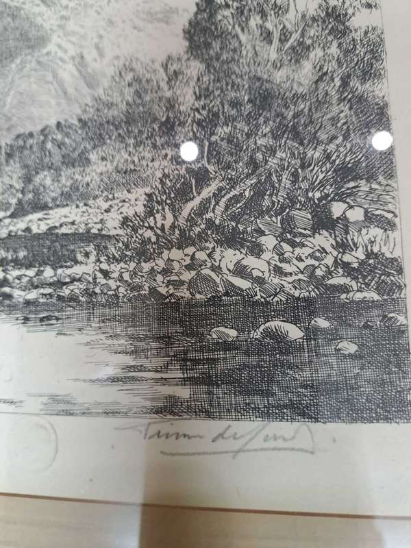 Original Framed lino, watermarked Tinus de Jongh, Berg Rivier
