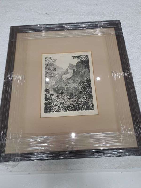 Original Framed Lino, watermarked Tinus de Jongh, Drakensberg, Natal