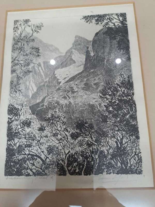 Original Framed Lino, watermarked Tinus de Jongh, Drakensberg, Natal