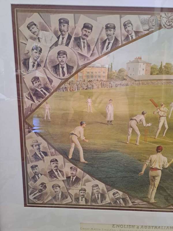 Cricket English/Australian Lithograph 1886 Framed, with players pictures
