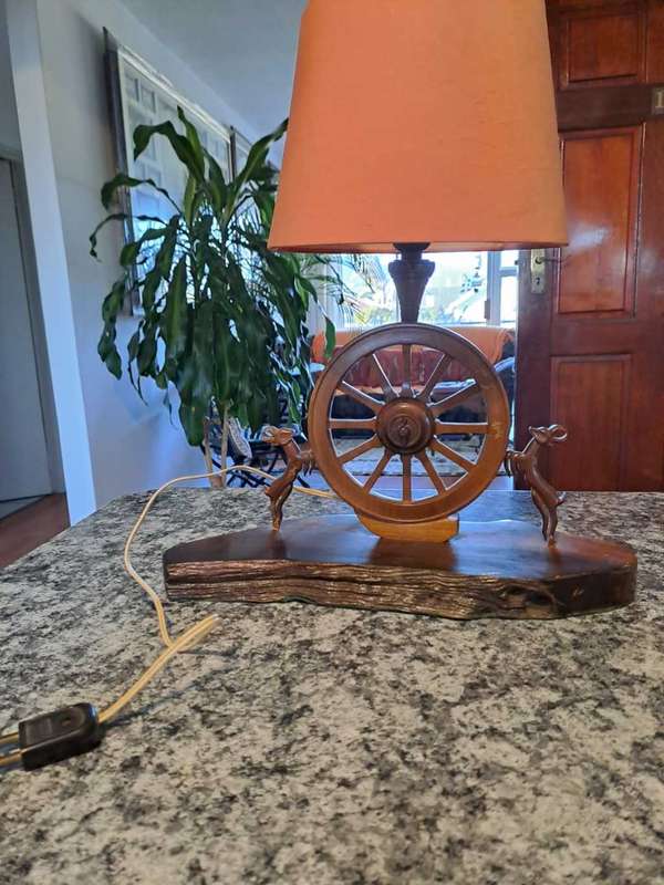 Old Wooden Bedlamp, Wagon Wheel and 2 Springbuck (light not working)