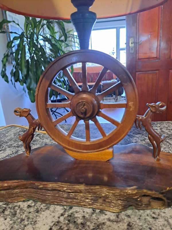 Old Wooden Bedlamp, Wagon Wheel and 2 Springbuck (light not working)