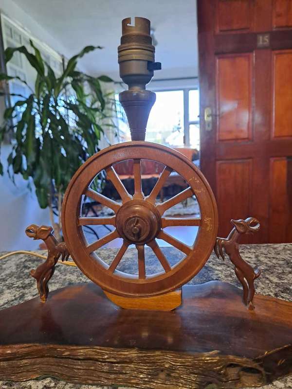 Old Wooden Bedlamp, Wagon Wheel and 2 Springbuck (light not working)