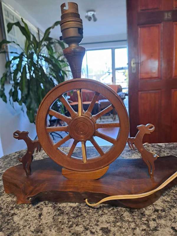 Old Wooden Bedlamp, Wagon Wheel and 2 Springbuck (light not working)
