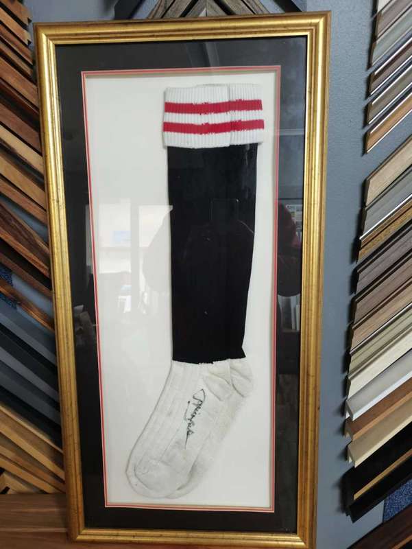 95 Springbok Japie Mulder signed Transvaal socks, Framed