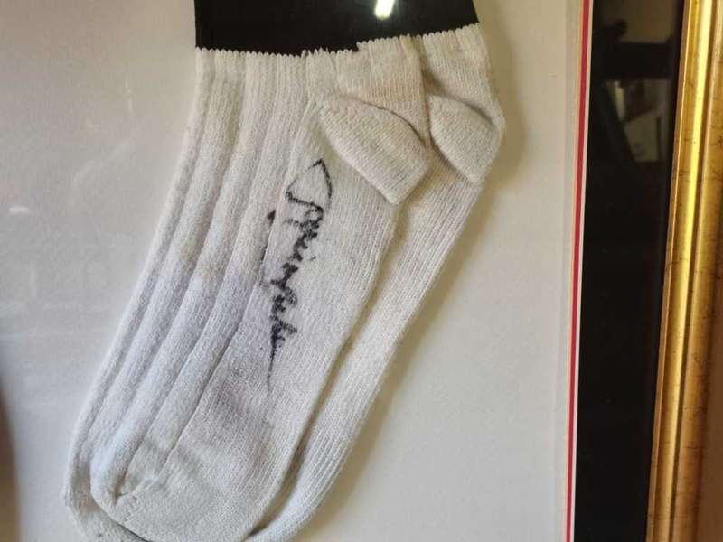 95 Springbok Japie Mulder signed Transvaal socks, Framed