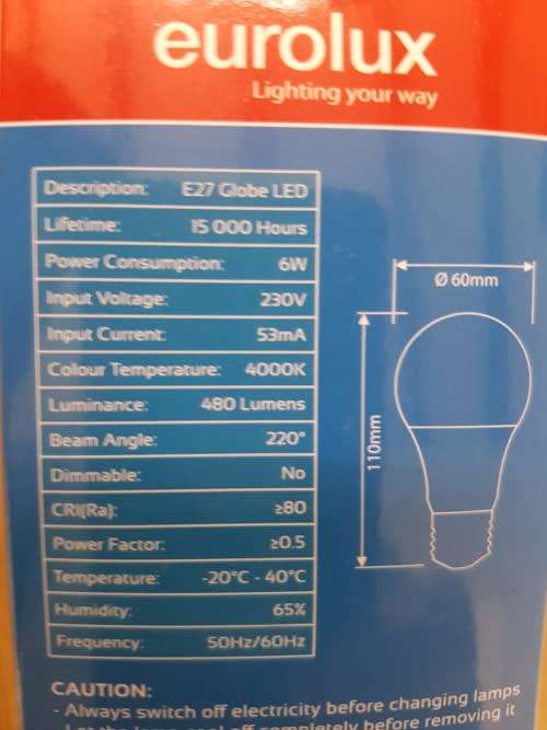 Eurolux 6W LED bulbs E27 - 60W incandescent bulb equivilent. 10 bulbs in each lot!!!