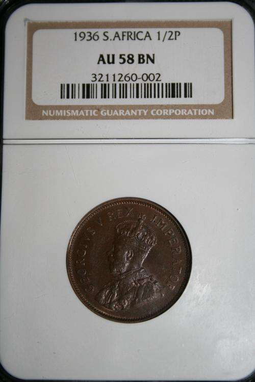 1936 SOUTH AFRICA 1/2 PENNY - NGC GRADED AU58 BN