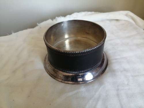 Vintage wine bottle coaster, leather and silver plate