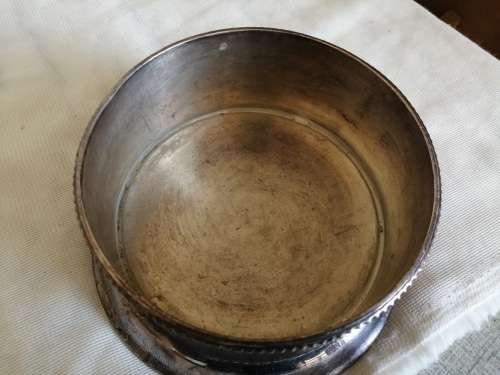 Vintage wine bottle coaster, leather and silver plate