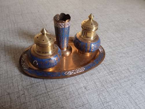 Stunning brass and copper condiment set